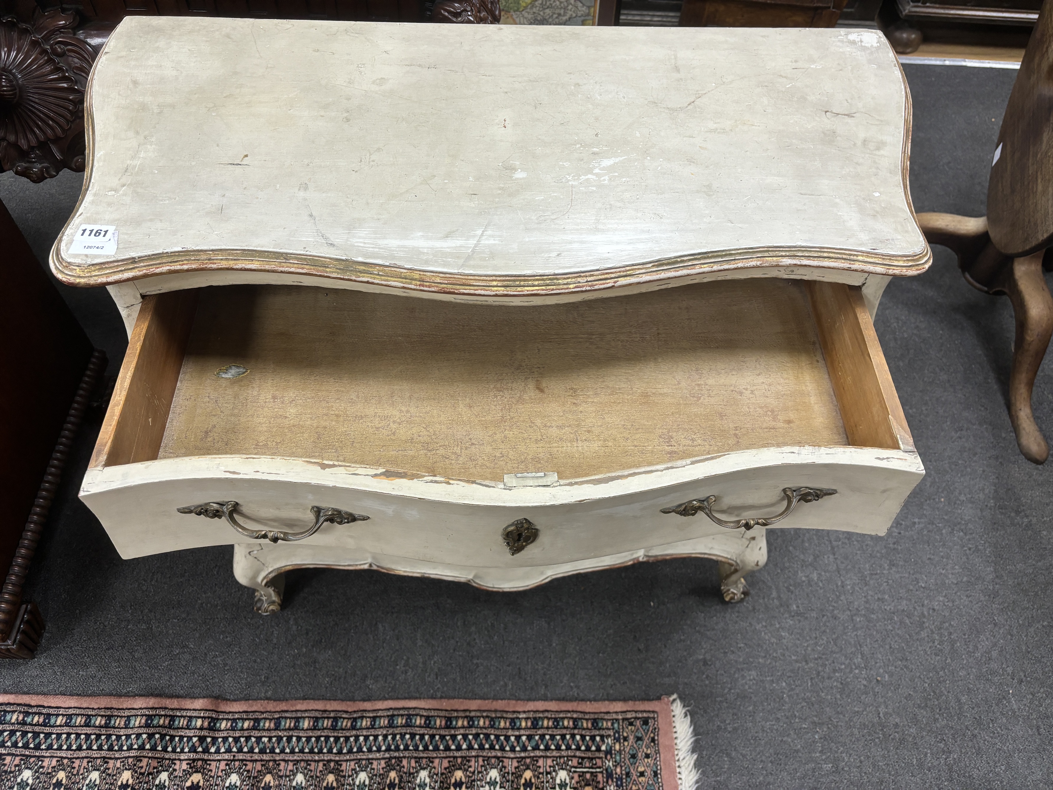 An 18th century style painted pine bombe commode, width 97cm, depth 46cm, height 80cm